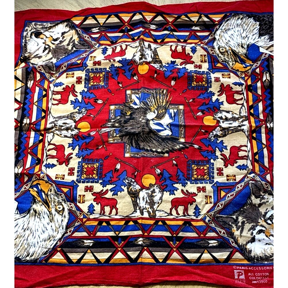 Vtg Southwest Bandana Wolf Eagle Made USA Colorfast America 100% Cotton Paris